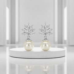 Cubic Zirconia Collection - Crystal Cluster Pearl Earrings - ER384 (Silver)