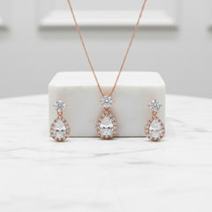 Cubic Zirconia Collection - Dazzling Crystal Drop Necklace Set RG- (CZNK55) ROSE GOLD