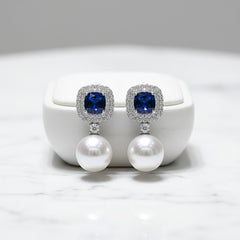 CUBIC ZIRCONIA COLLECTION - VINTAGE PEARL EARRINGS - SAPPHIRE - CZER844