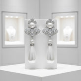 CUBIC ZIRCONIA COLLECTION - BEJEWELLED PEARL DROP EARRINGS - CLIP ON - CZER467- SILVER