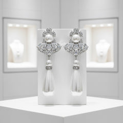 CUBIC ZIRCONIA COLLECTION - BEJEWELLED PEARL DROP EARRINGS - CLIP ON - CZER467- SILVER