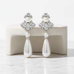 CUBIC ZIRCONIA COLLECTION - BEJEWELLED PEARL DROP EARRINGS - CLIP ON - CZER467- SILVER