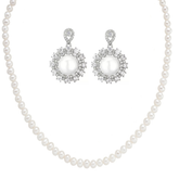 CUBIC ZIRCONIA COLLECTION - VINTAGE INSPIRED PEARL NECKLACE SET - CZNK265 SILVER