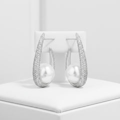 CUBIC ZIRCONA COLLECTION - CHIC PAVED PEARL EARRINGS - CZER904 SILVER