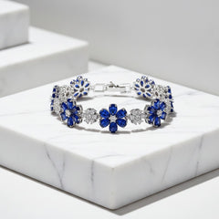 CUBIC ZIRCONIA COLLECTION - GLITZY GLAM FLOWER BRACELET - BLUE (BR176)