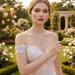 CUBIC ZIRCONIA COLLECTION - PINK SPARKLE NECKLACE SET - 4 PIECE SET -CZNK271