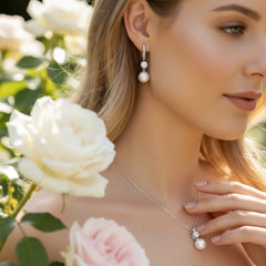 CUBIC ZIRCONIA COLLECTION - BEJEWELLED PEARL NECK SET -CZNK287 SILVER