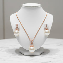 Cubic Zirconia Collection - Rose gold - Precious Pearl Necklace Set - (ROSE GOLD) NK4