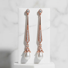 CUBIC ZIRCONIA COLLECTION - GLITZY PEARL DROP EARRINGS - ROSE GOLD - CZER379