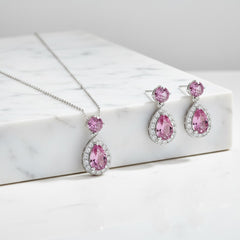 CUBIC ZIRCONIA COLLECTION - DAZZLING CRYSTAL DROP NECKLACE SET - (CZNK55) PINK