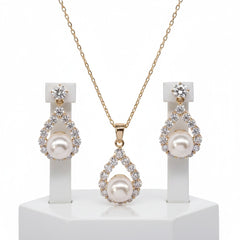 CUBIC ZIRCONIA COLLECTION - PEARL ELEGANCE NECKLACE SET - (CZNK102) GOLD