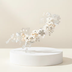 ATHENA COLLECTION - FLORAL JEWELLED HAIR COMB - HC218 SILVER