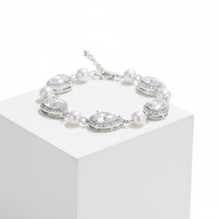 CUBIC ZIRCONIA COLLECTION - EXQUISITE PEARL BRACELET - SILVER -BR121