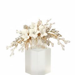 ATHENA COLLECTION -EXQUISITE FLORAL EMBELLISHED HAIR COMB - GOLD- HC173