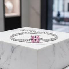 CUBIC ZIRCONIA COLLECTION - GLITZY GEM BRACELET PLATED IN 925 STERLING SILVER- CZBR140 ROSE PINK