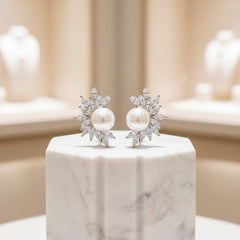 CUBIC ZIRCONIA COLLECTION - DAINTY PEARL EARRINGS - CZER692 SILVER