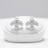 CUBIC ZIRCONIA COLLECTION - DAINTY PEARL SPARKLE EARRINGS - CZER735 SILVER