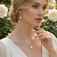 CUBIC ZIRCONIA COLLECTION - ELEGANCE PEARL NECKLACE SET CZNK209 SILVER