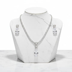 CUBIC ZIRCONIA COLLECTION - DAINTY STARLET GEM NECKLACE SET - CZNK244 SILVER