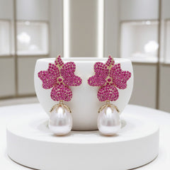 CUBIC ZIRCONIA COLLECTION - VINTAGE FLOWER EARRINGS - CZER803 HOT PINK