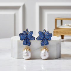 CUBIC ZIRCONIA COLLECTION - VINTAGE FLOWER EARRINGS - CZER803 BLUE