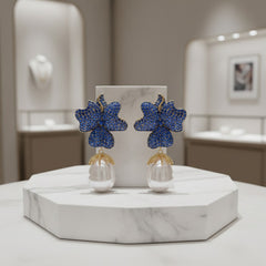 CUBIC ZIRCONIA COLLECTION - VINTAGE FLOWER EARRINGS - CZER803 BLUE