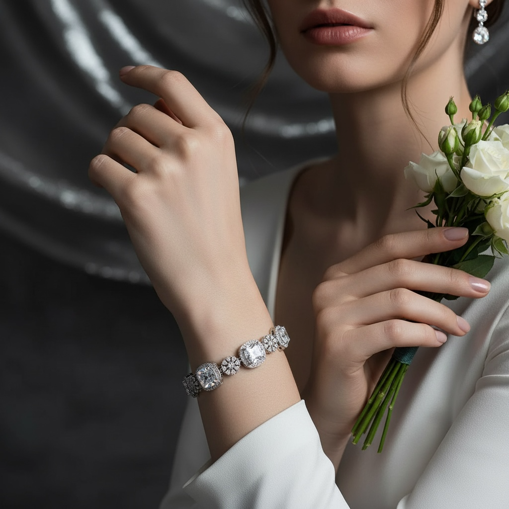CUBIC ZIRCONIA COLLECTION -EXTRAVAGANT STATEMENT BRACELET - BR166 SILVER
