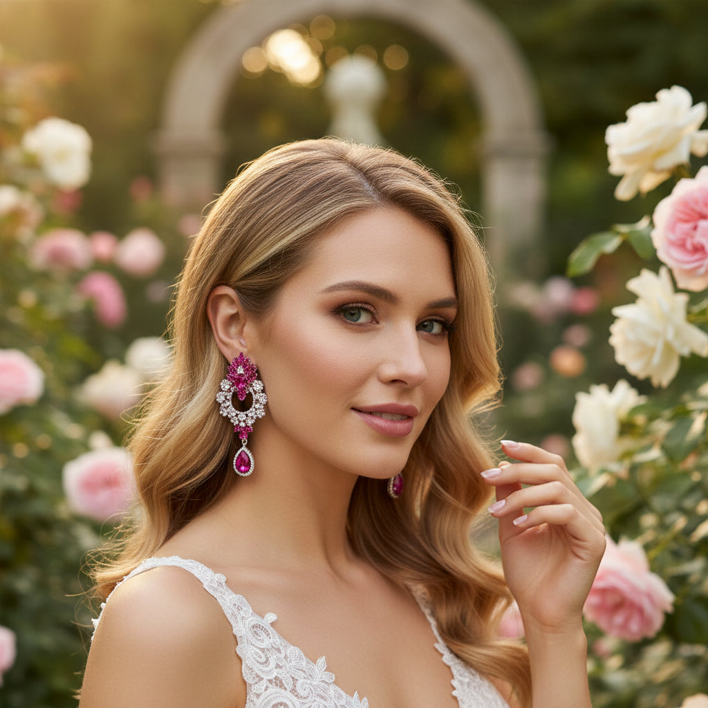 ATHENA COLLECTION- STARLET GLAM EARRINGS - HOT PINK - CZER838