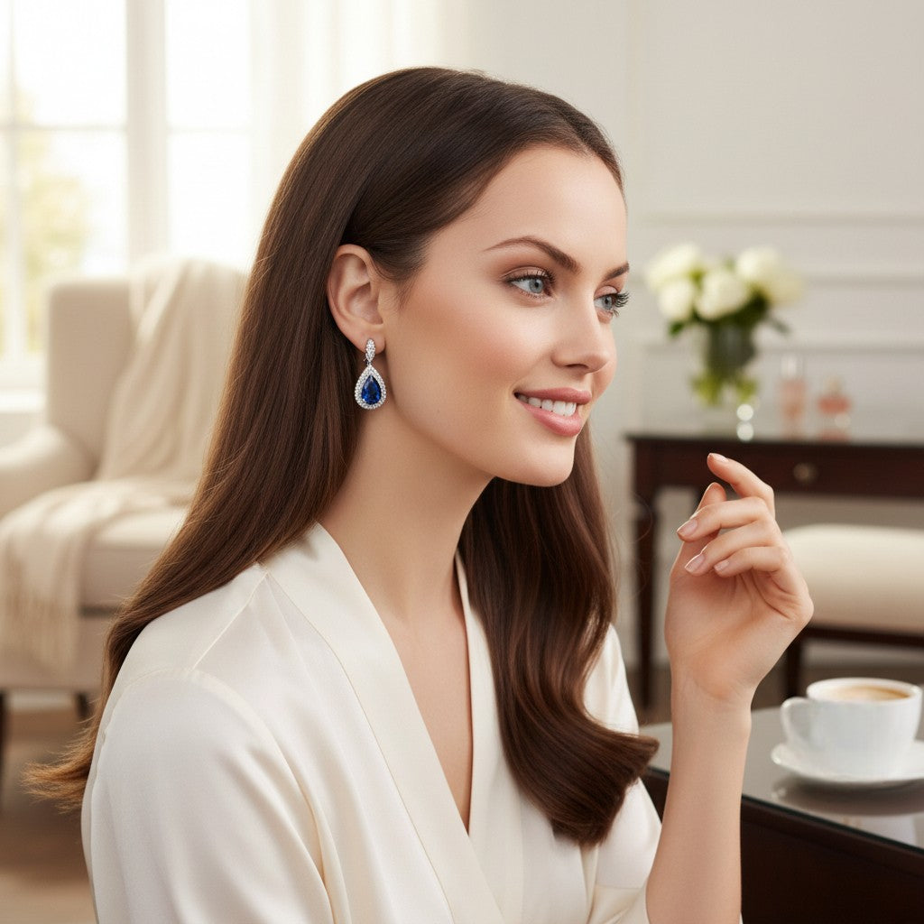 CUBIC ZIRCONIA COLLECTION - LUXE SPARKLE CLIP ON EARRINGS - CZER839 SAPPHIRE BLUE