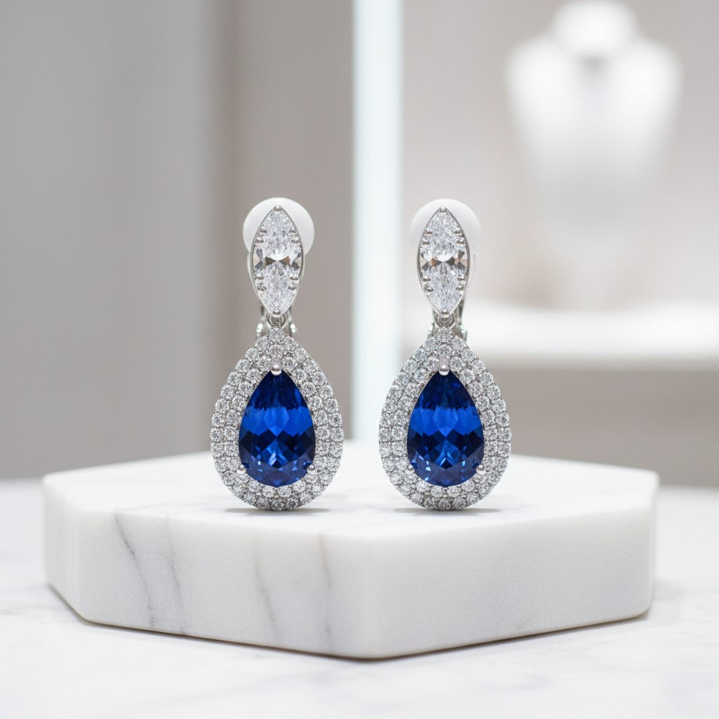 CUBIC ZIRCONIA COLLECTION - LUXE SPARKLE CLIP ON EARRINGS - CZER839 SAPPHIRE BLUE