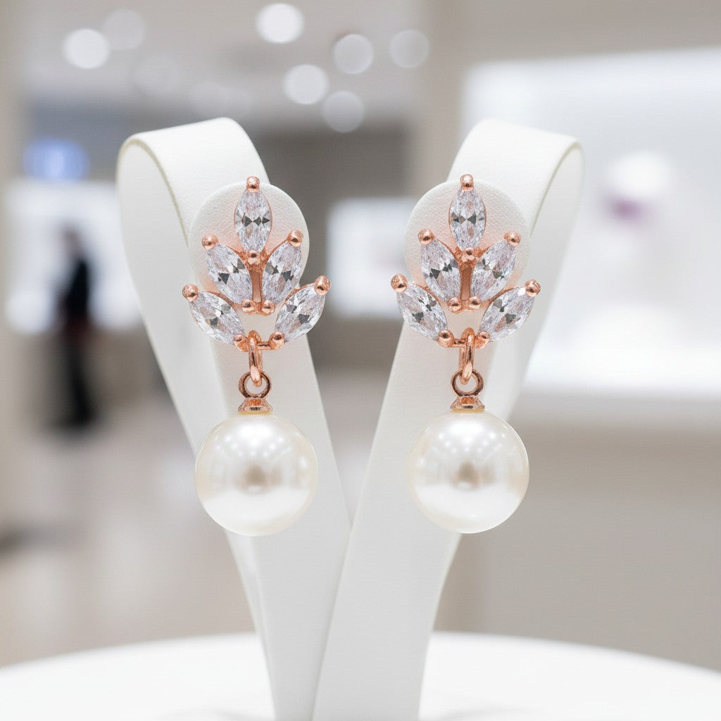 Vintage Pearl Drop Earrings - Rose Gold CZER351