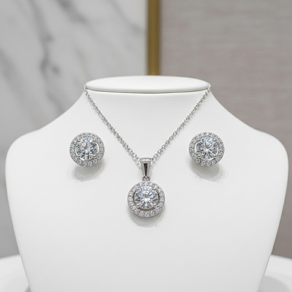 CUBIC ZIRCONIA COLLECTION - CHIC CRYSTAL NECKLACE SET - CZNK50 (SILVER)