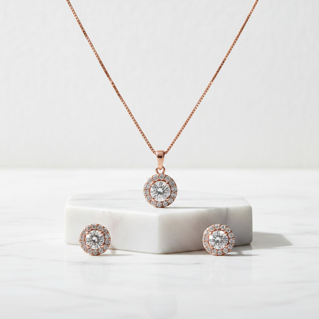 CUBIC ZIRCONIA COLLECTION - CHIC CRYSTAL NECKLACE SET - CZNK50 (ROSE GOLD)