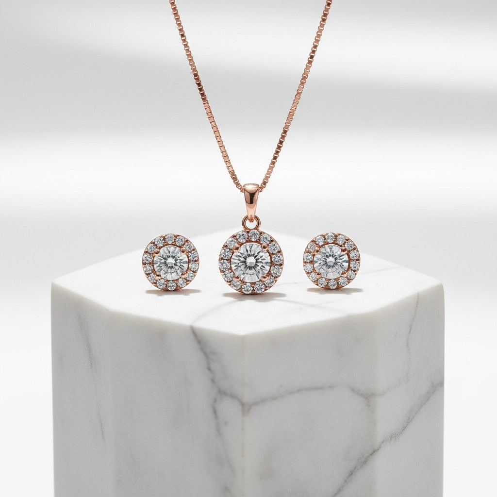 CUBIC ZIRCONIA COLLECTION - CHIC CRYSTAL NECKLACE SET - CZNK50 (ROSE GOLD)