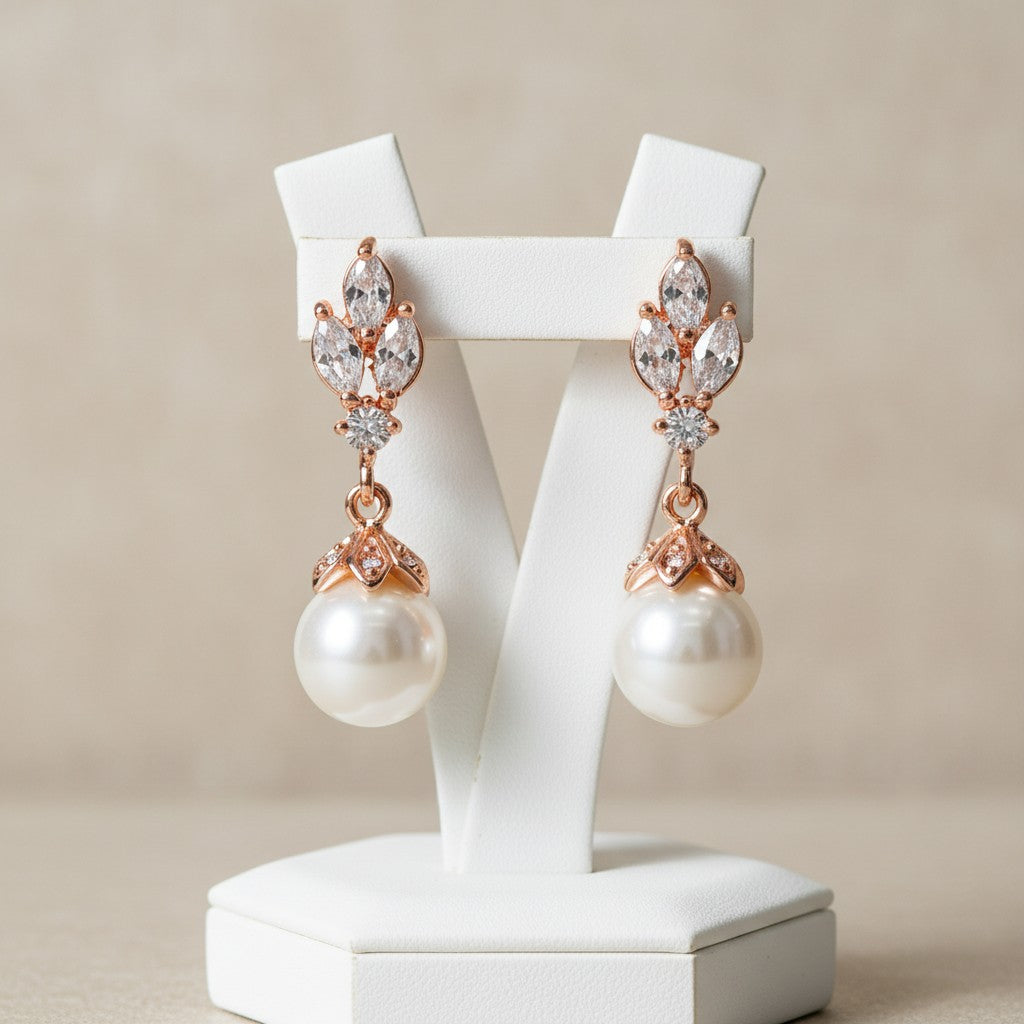 Cubic Zirconia Collection - Rose Gold Crystal Gem Earrings - RG -CZER356