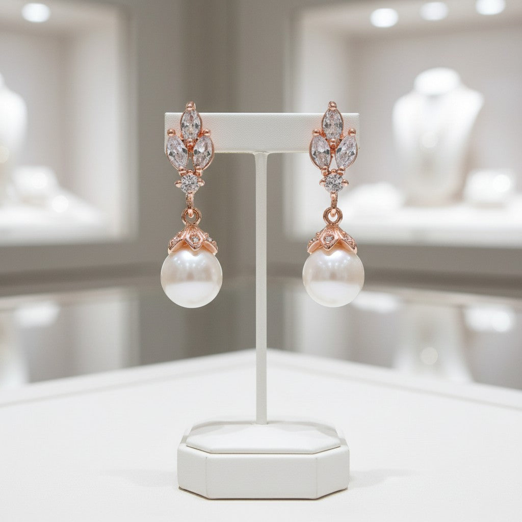 Cubic Zirconia Collection - Rose Gold Crystal Gem Earrings - RG -CZER356