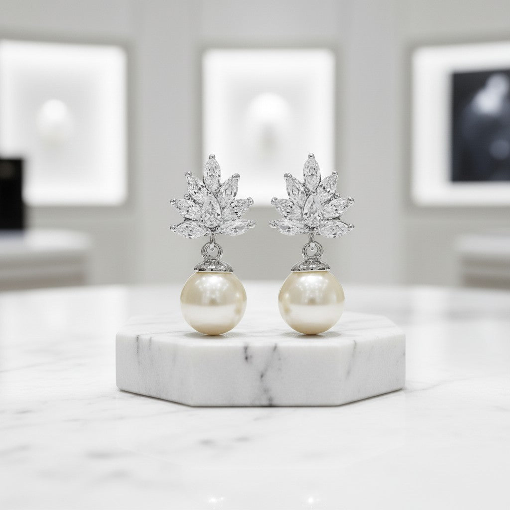 Cubic Zirconia Collection - Crystal Cluster Pearl Earrings - ER384 (Silver)