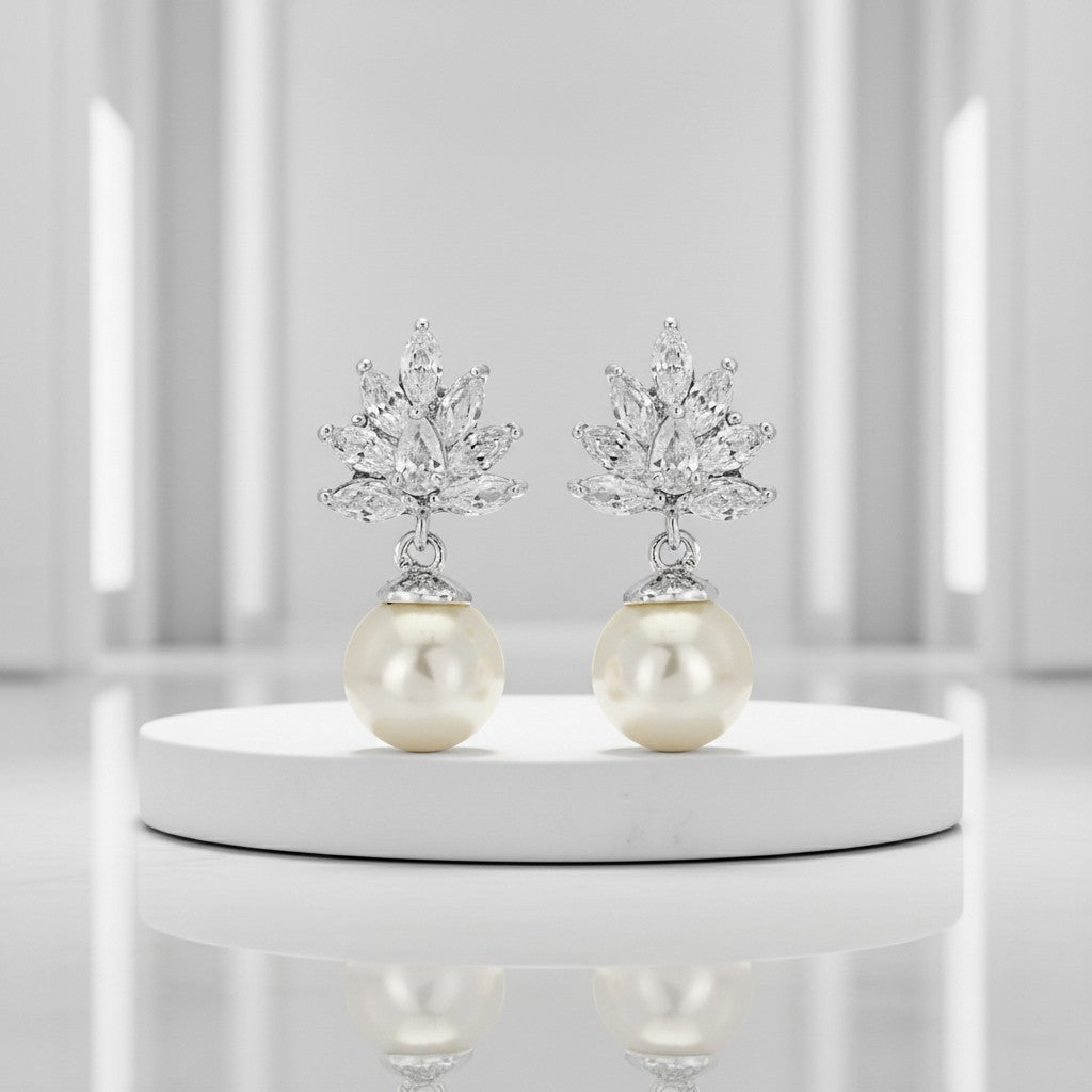 Cubic Zirconia Collection - Crystal Cluster Pearl Earrings - ER384 (Silver)