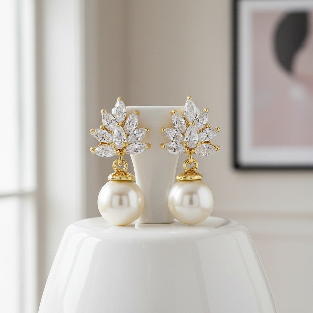 Cubic Zirconia Collection - Crystal Cluster Pearl Earrings - ER384 (Gold)