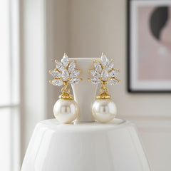 Cubic Zirconia Collection - Crystal Cluster Pearl Earrings - ER384 (Gold)