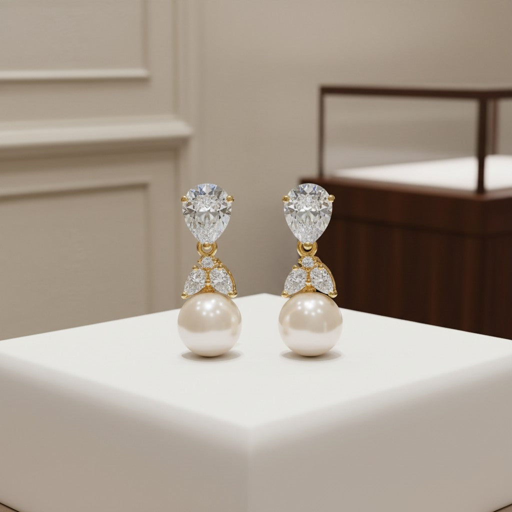 Cubic Zirconia Collection - Graceful Pearl Earrings - GOLD  ER316(GOLD)