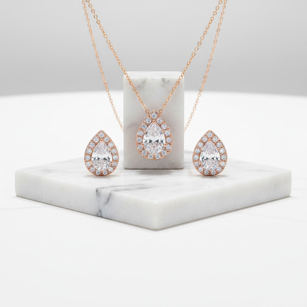 CUBIC ZIRCONIA COLLECTION - Dainty Gem Necklace Set - ROSE GOLD  CZNK34