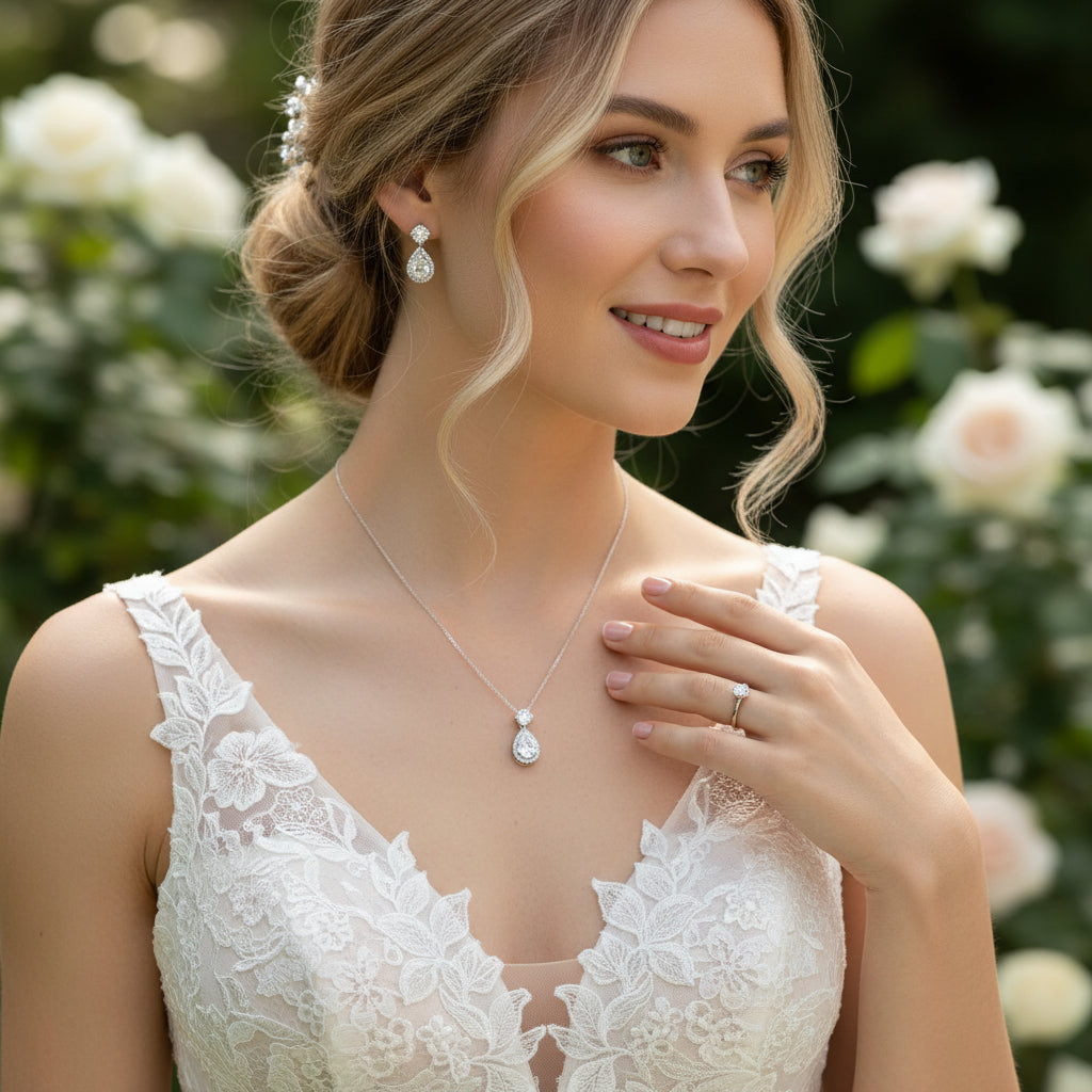 Cubic Zirconia Collection - Dazzling Crystal Drop Necklace Set RG- (CZNK55) ROSE GOLD