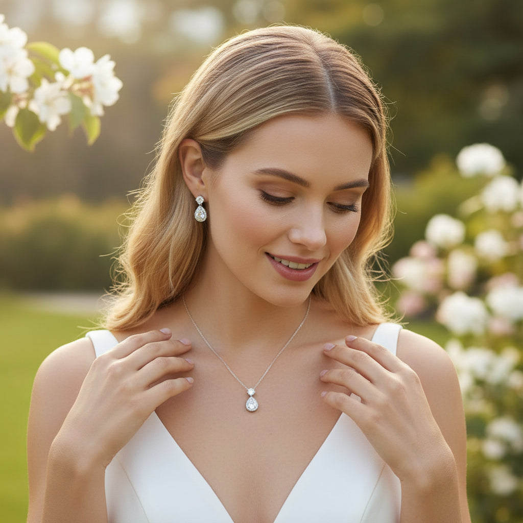 Cubic Zirconia Collection - Dazzling Crystal Drop Necklace Set RG- (CZNK55) ROSE GOLD