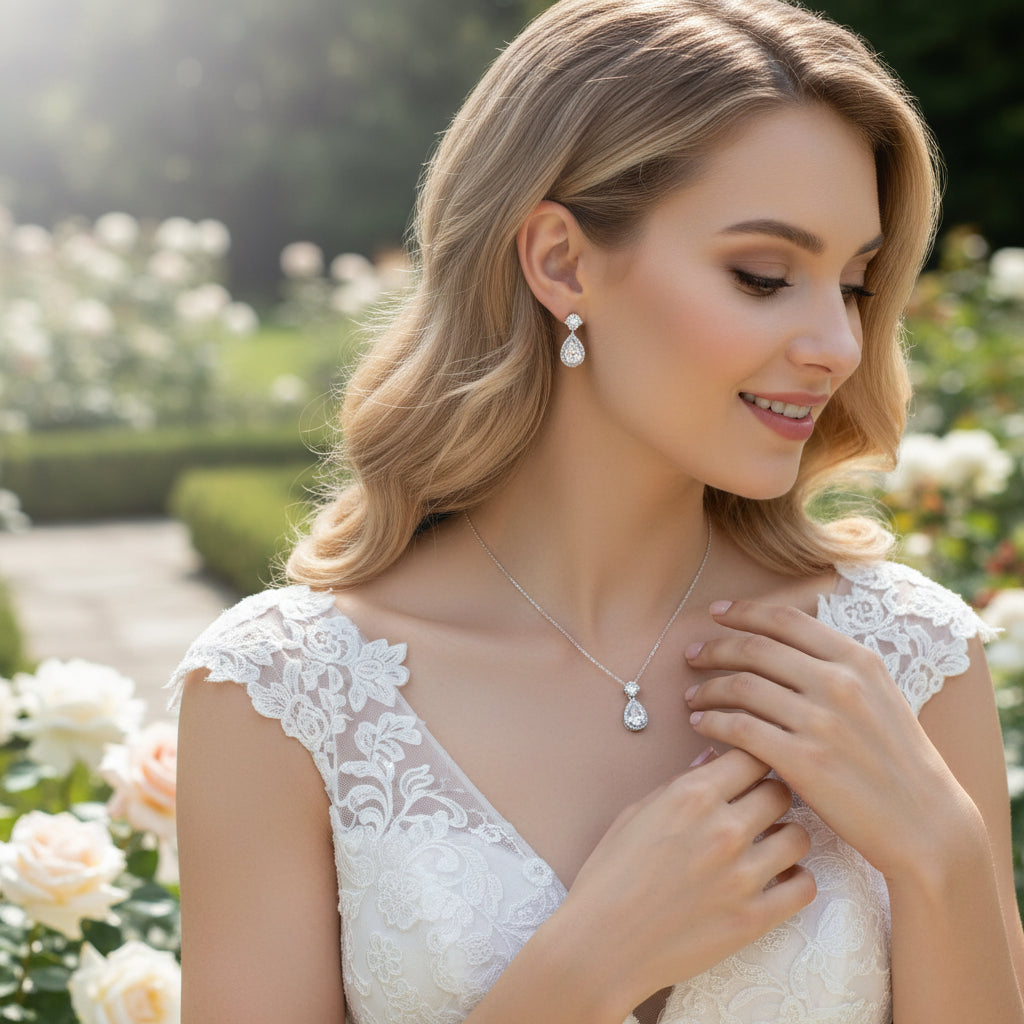 Cubic Zirconia Collection - Dazzling Crystal Drop Necklace Set - (CZNK55)