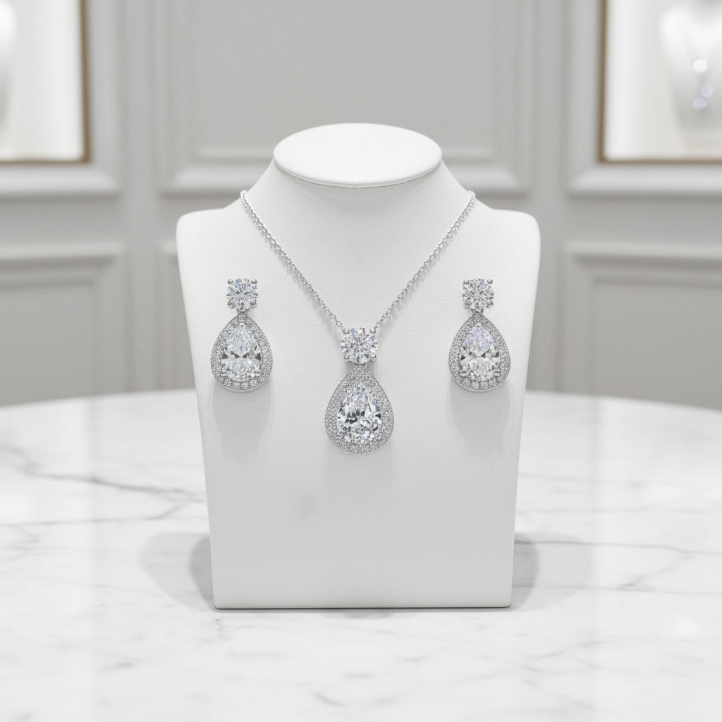 Cubic Zirconia Collection - Dazzling Crystal Drop Necklace Set - (CZNK55)