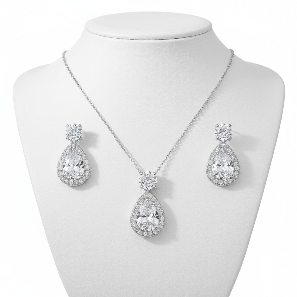 Cubic Zirconia Collection - Dazzling Crystal Drop Necklace Set - (CZNK55)