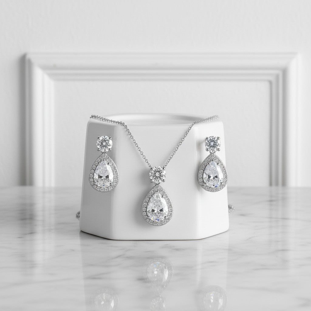 Cubic Zirconia Collection - Dazzling Crystal Drop Necklace Set - (CZNK55)