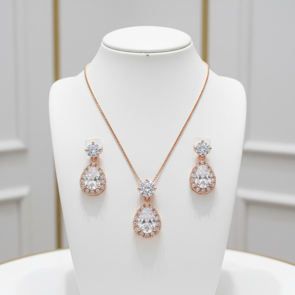 Cubic Zirconia Collection - Dazzling Crystal Drop Necklace Set RG- (CZNK55) ROSE GOLD