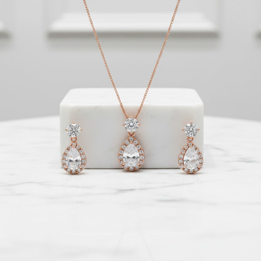Cubic Zirconia Collection - Dazzling Crystal Drop Necklace Set RG- (CZNK55) ROSE GOLD